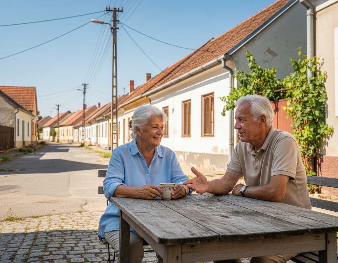 Rentner informiert sich über Lebenshaltungskosten beim Auswandern nach Ungarn in Westungarn Dorfumgebung
