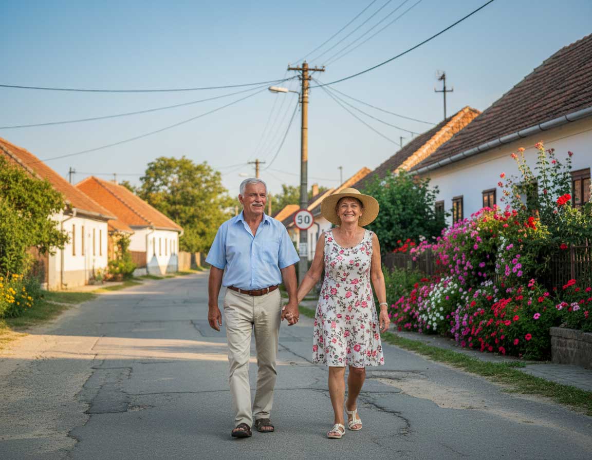 Glückliches Rentnerpaar genießt den Ruhestand nach dem Auswandern nach Ungarn in Südungarn Natur
